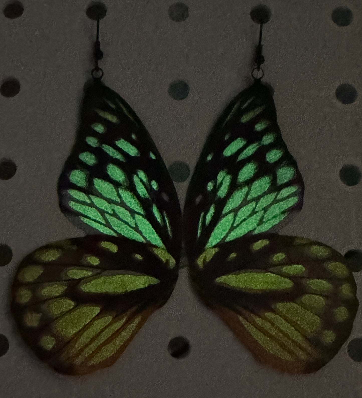 Spotted Sawtooth butterfly earrings. Glow in the Dark.