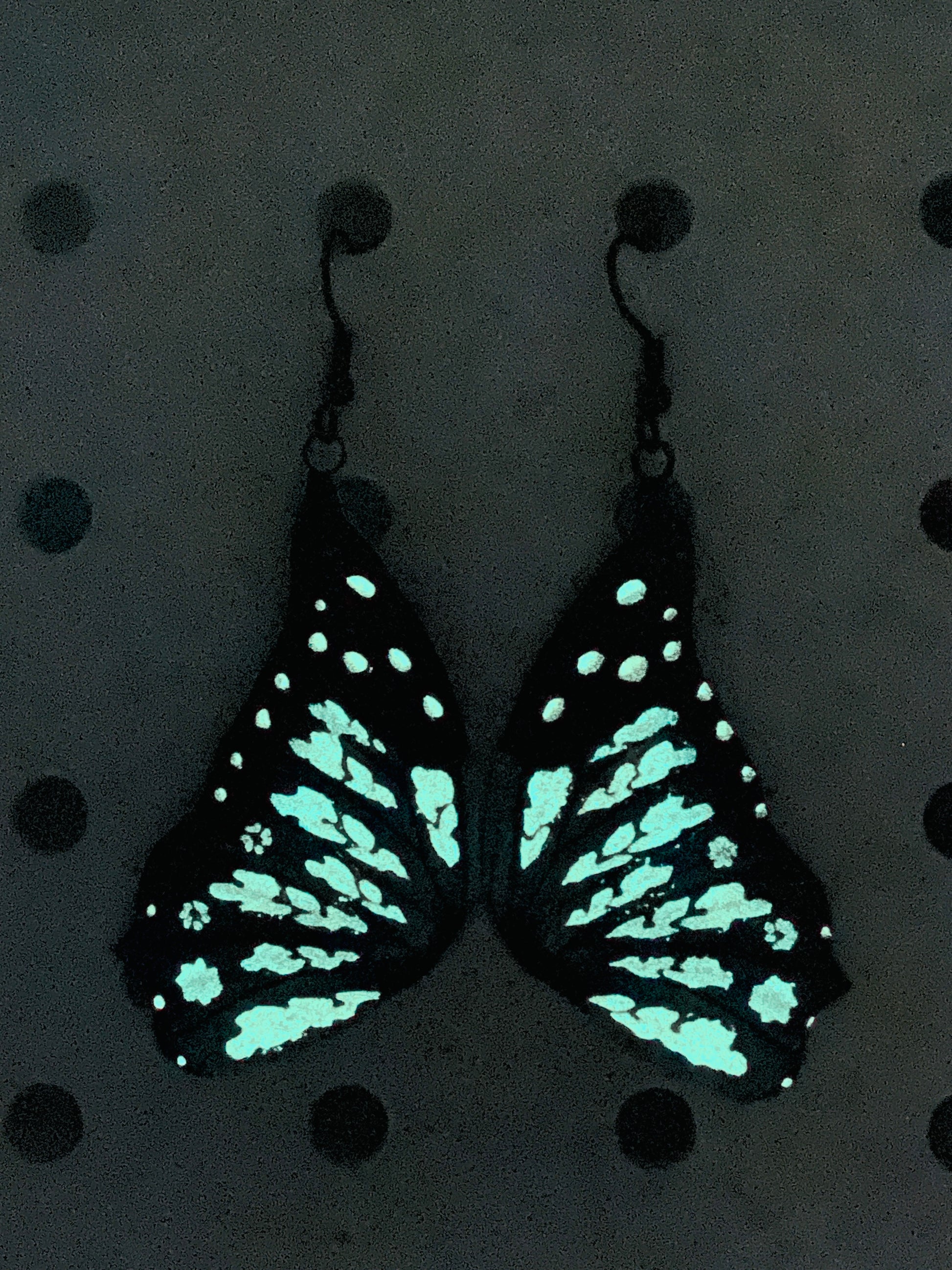 Helemor Blue Morpho butterfly earrings. Glow in the Dark.