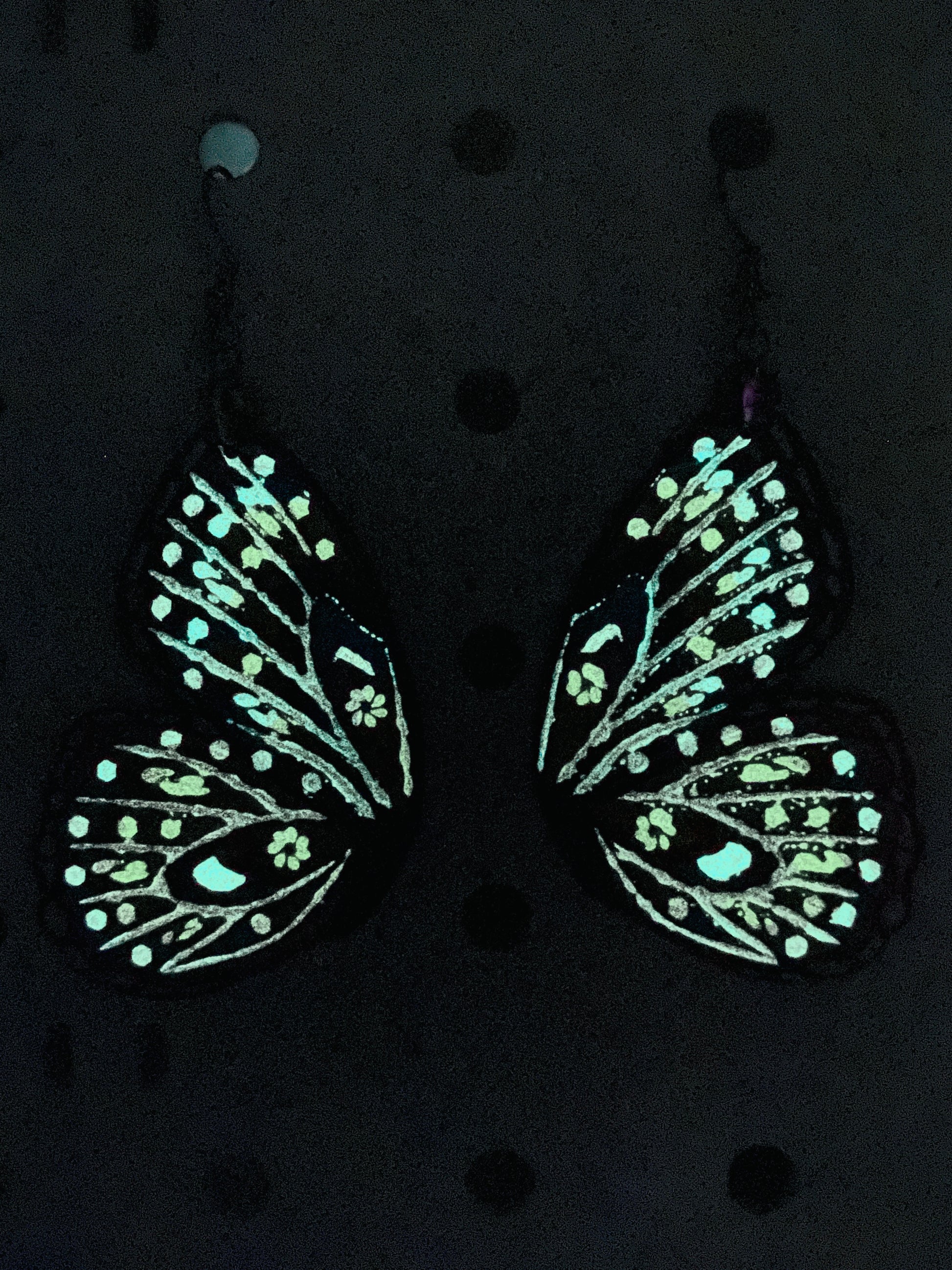 Painted Jezebel butterfly earrings. Glow in the Dark.