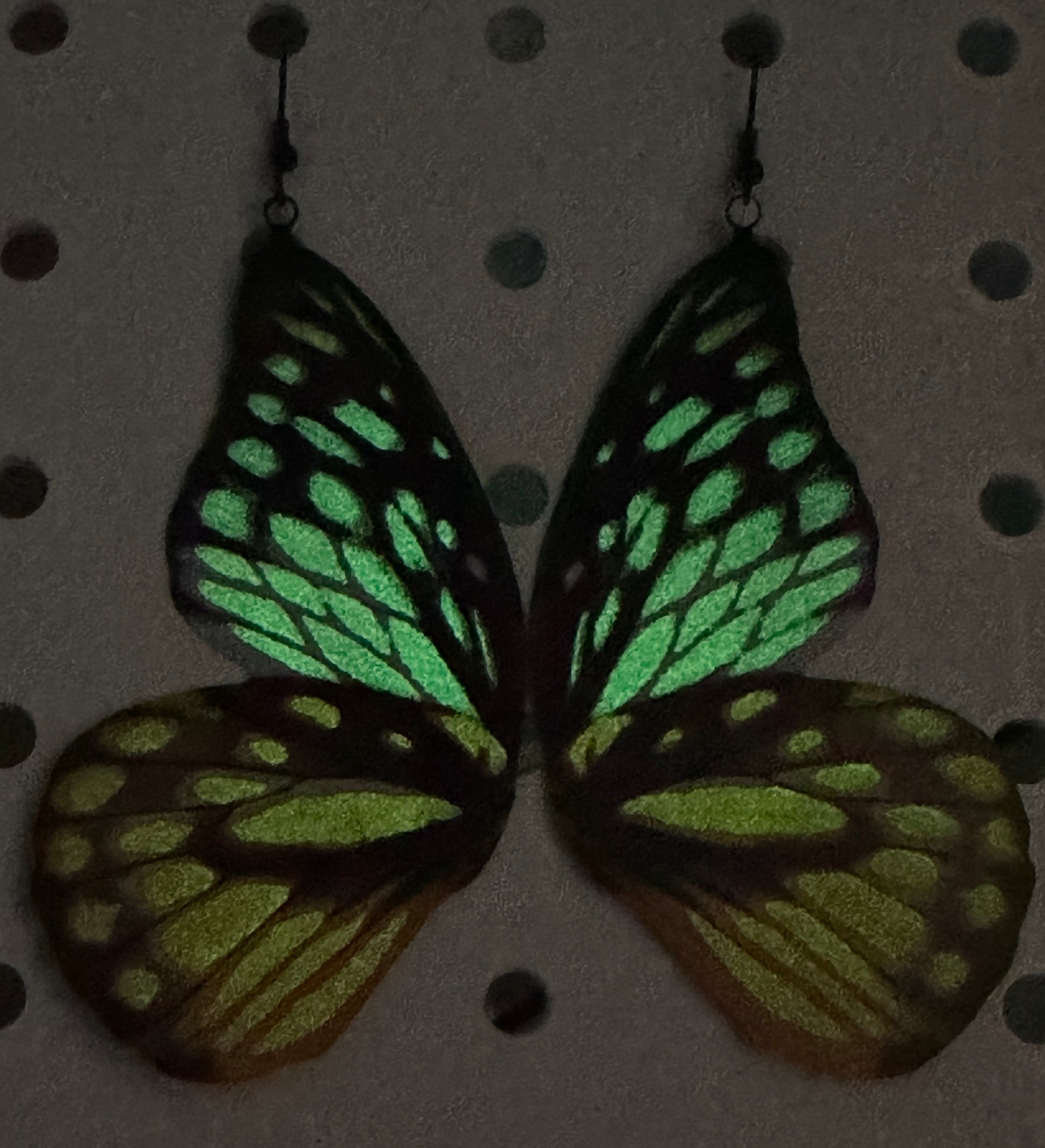 Spotted Sawtooth butterfly earrings. Glow in the Dark.