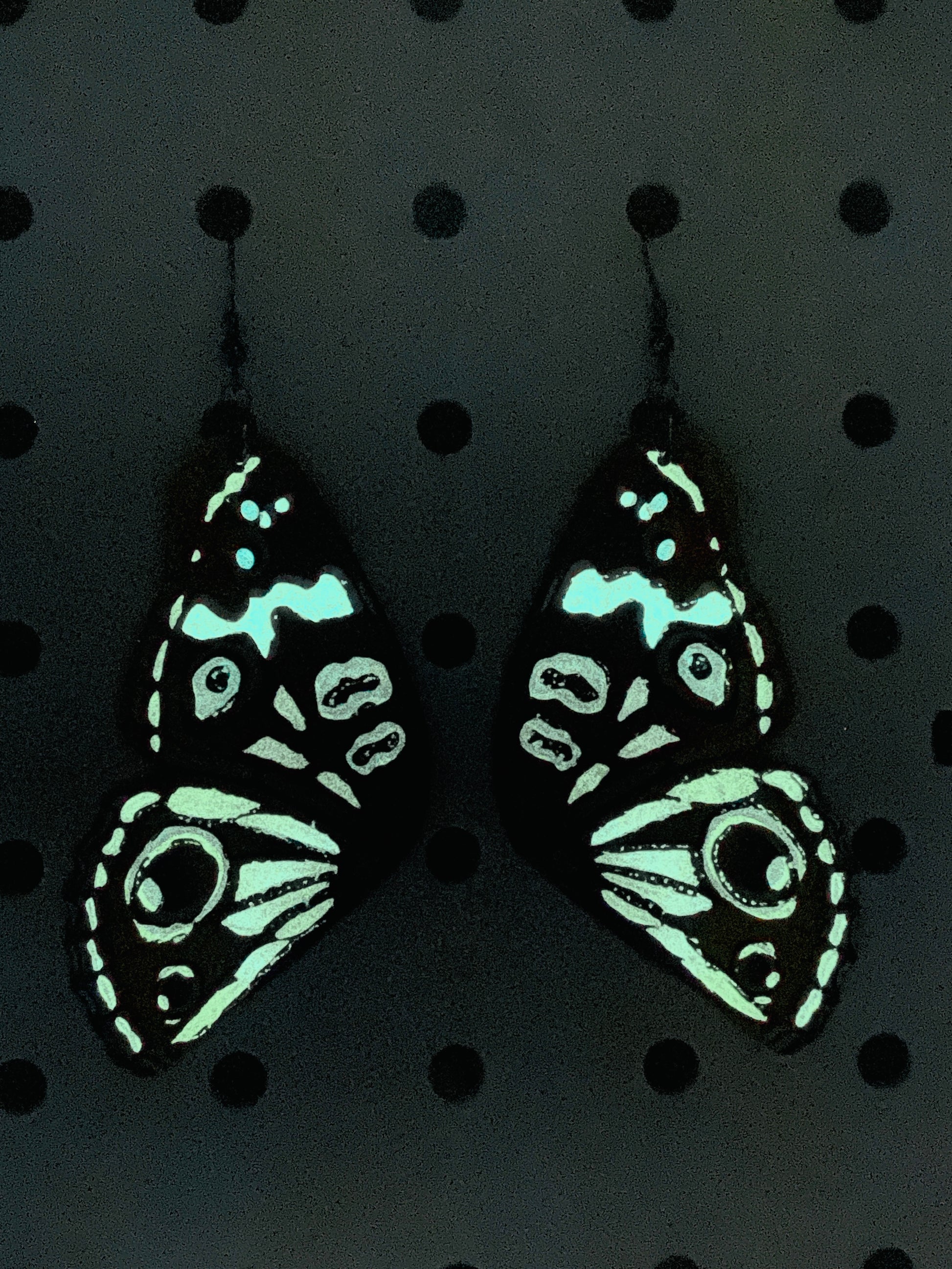 Blue Peacock Butterfly earrings glow in the dark